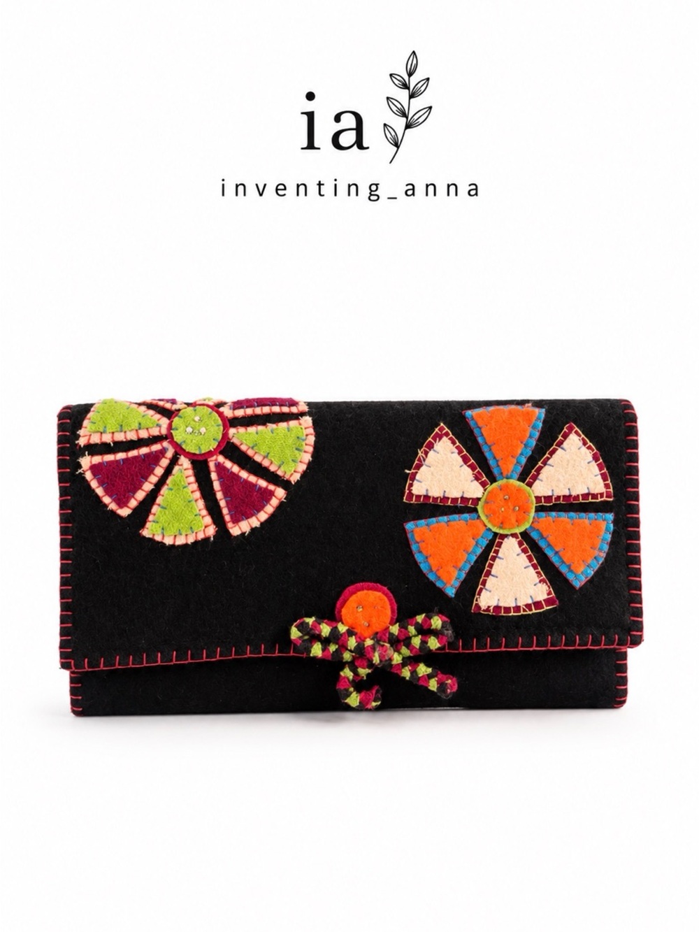 WALLET Handcrafted Black Felt Floral Wallet w/Multicolor Appliqué Accents
